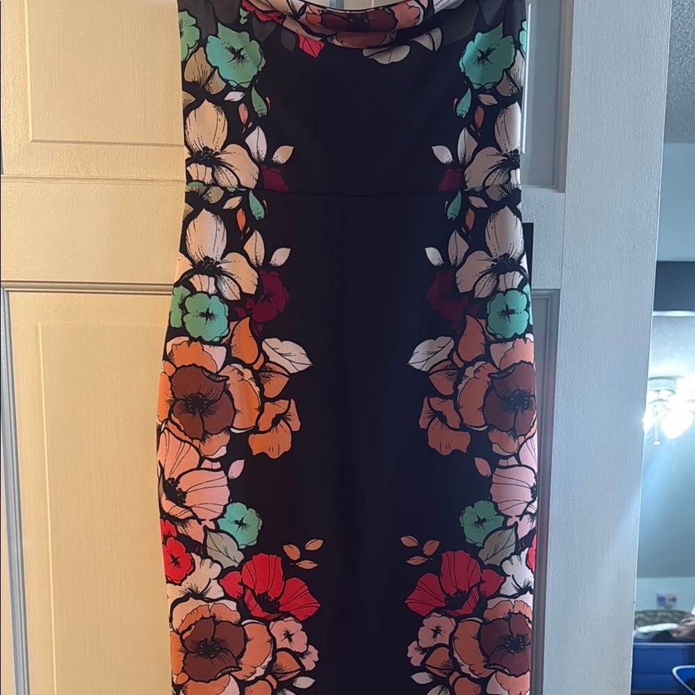 Express Black and Orange Strapless Sheath Dress